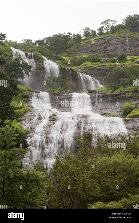 Waterfall during monsoon in Sahyadri range in Maharashtra near Lonavala, Pune and coastal road ...