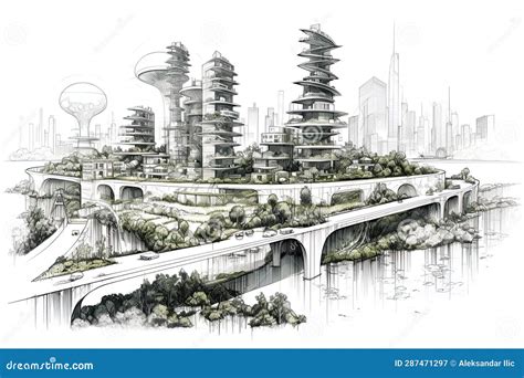 Futuristic City Sketch Drawing. Sustainable, Green Energy Concept ...