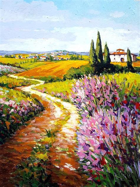 Flowery road - Tuscany landscape original Italian oil painting Painting ...