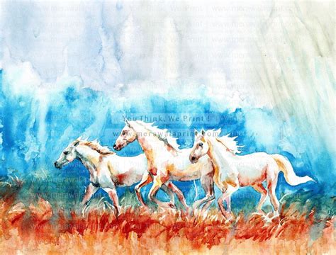 watercolor portrait of three white horses running – Merawalaprint ...