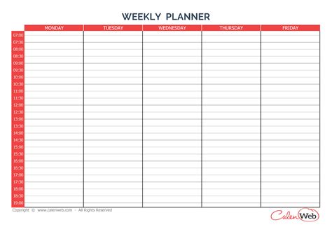 Weekly planner 5 days A week of 5 days - Calenweb.com