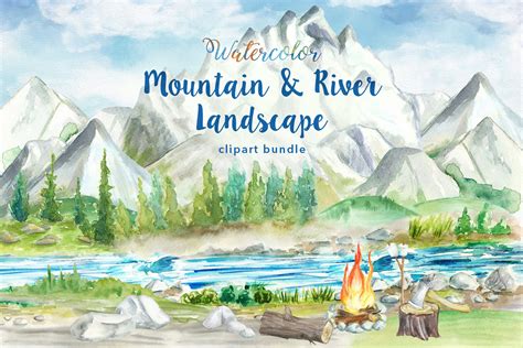 Mountain & River Watercolor Cliparts | Illustrations ~ Creative Market