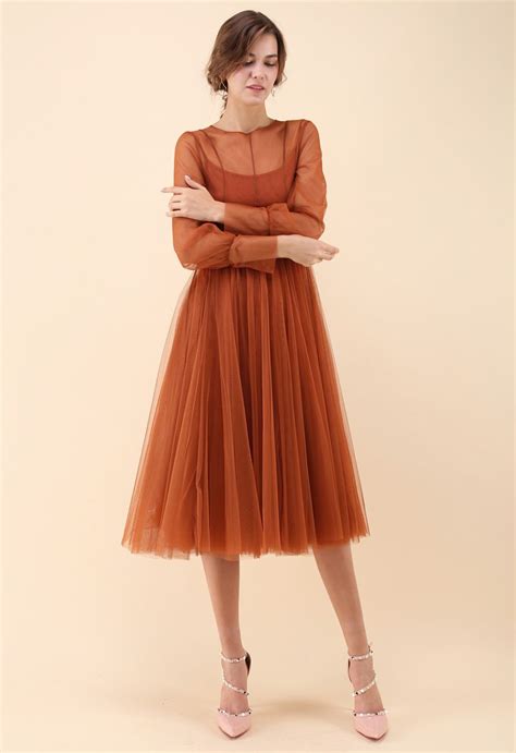 Lightsome Steps Layered Mesh Tulle Dress in Caramel - Retro, Indie and ...