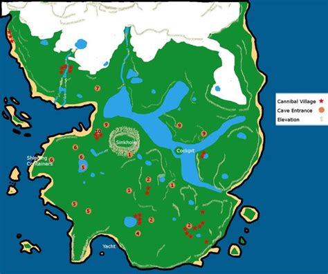 Simplified map of The Forest - with cave locations and points of ...