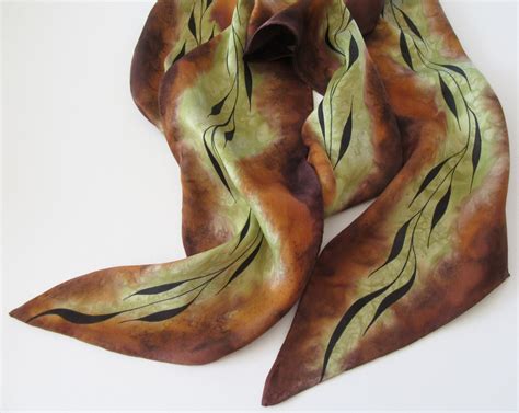 Green Silk Scarf Hand Painted Green Silk Scarf Brown Silk | Etsy