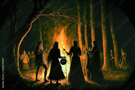 Folklore art of medieval pagans standing around a bonfire at night in ...