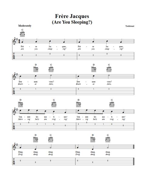 Frere Jacques: Chords, Sheet Music, and Tab for Guitar with Lyrics