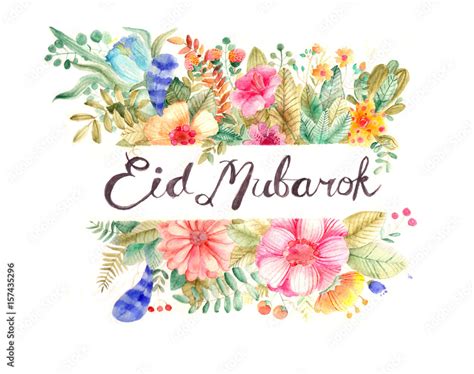 Watercolor Eid Mubarak Greeting. Floral Style Greeting. Stock ...