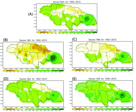 3 Map of rainfall means over Jamaica for (A) Annual, (B)... | Download ...