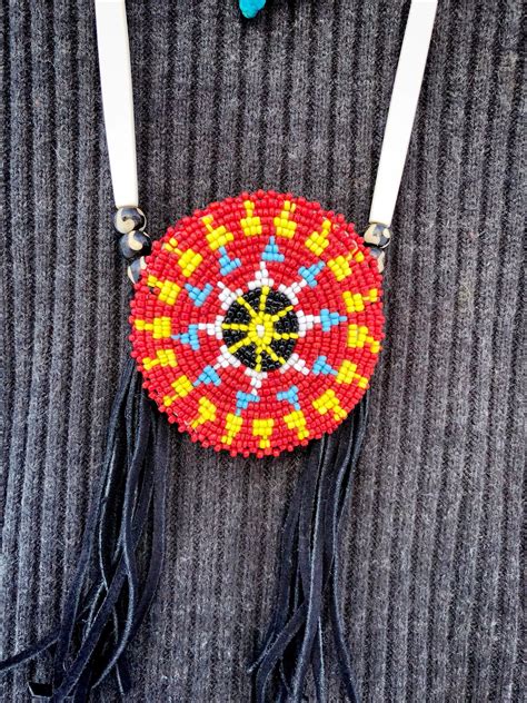 Native American Beaded Medallion Necklace - Buffalo Bone - Turquoise ...