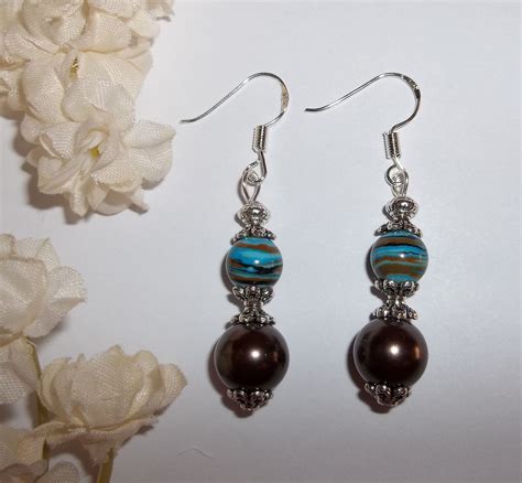 Beaded Earrings Handmade Dangle Brown Pearl and Turquoise Blue 925 ...