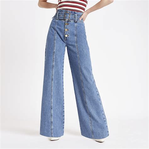 Mid blue belted wide leg denim jeans | River Island