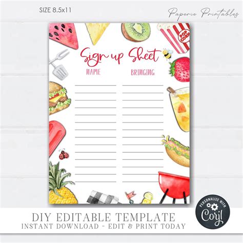 Editable Potluck Sign up Sheet, BBQ Potluck Sign up Sheet, Registration Form, Neighborhood BBQ ...