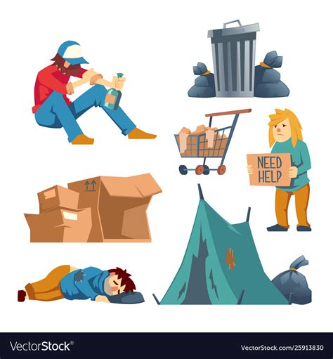 Homeless people cartoon characters set Royalty Free Vector