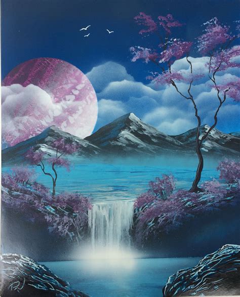 Purple planet lake waterfall | Nature art painting, Canvas art painting ...