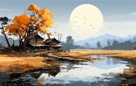 Premium AI Image | A painting of a barn in autumn is on the river