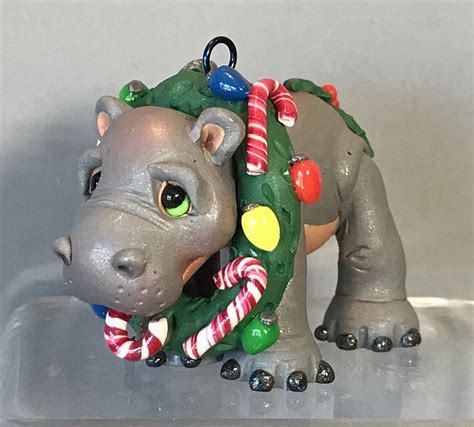 Hippopotamus w/ Christmas Wreath Ornament- Polymer Clay Hippo Christmas Tree Ornament - Sculpted ...