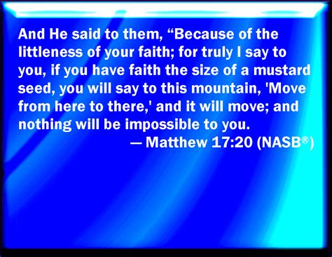 Matthew 17:20 And Jesus said to them, Because of your unbelief: for truly I say to you, If you ...