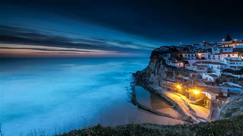 Wallpaper Sintra Portugal Azenhas do Mar Cliff Coast night time Street ...