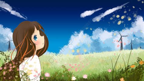Original Cartoon Illustration Of Girl Looking Up To The Sky, Girl, Windmill, Sky Illustration ...