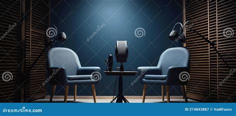 The Interior of the Podcast Studio, Two Chairs with Microphones, Dark Muted Tones. Stock ...