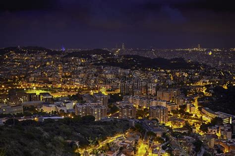 Barcelona skyline at night editorial photography. Image of outdoors ...