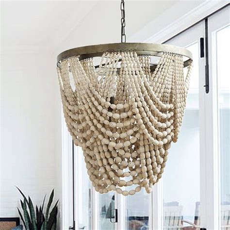 3 Light Metal And White Wood Bead Chandelier | Wood bead chandelier, Beaded chandelier, Beaded ...