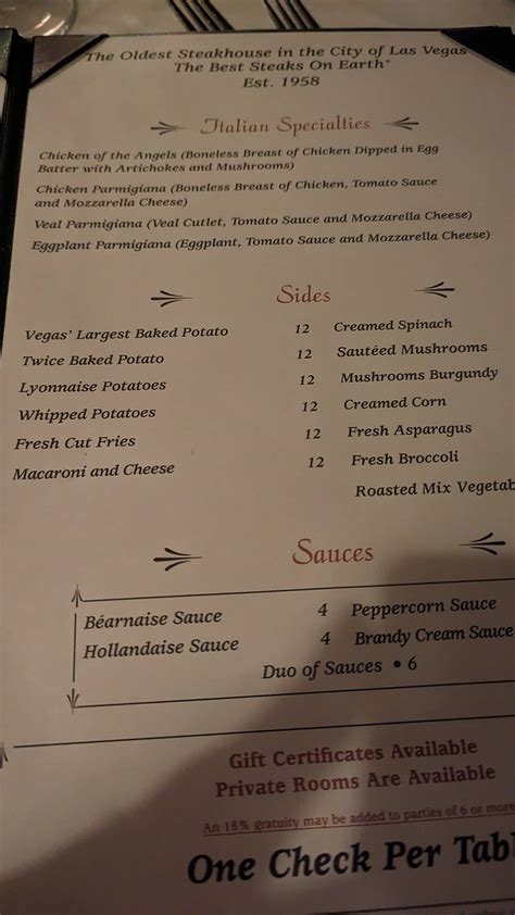 Menu at Golden Steer Steakhouse Las Vegas, Las Vegas