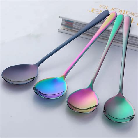 4 Color Stainless Steel Colorful Long Handled Spoons Flatware Coffee Spoons For Ice Cream ...