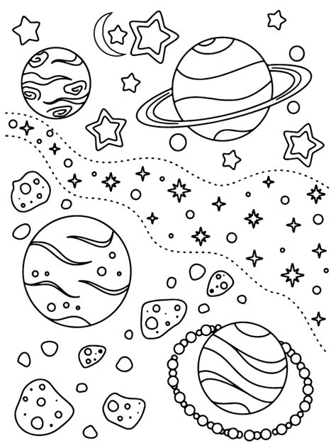 Planets and Pointy Rocket in Space - Coloring Pages