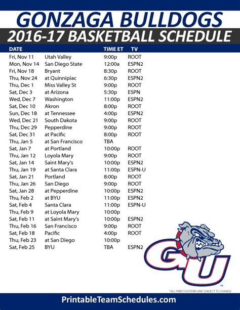 Printable Gonzaga Basketball Schedule