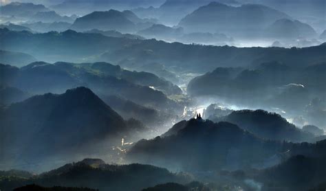 photography, Landscape, Nature, Mist, Blue, Mountains, Forest, Aerial view, City, Morning ...