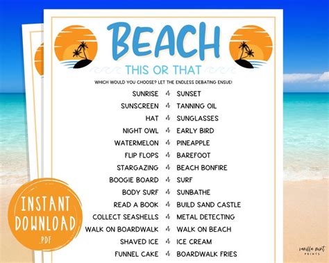 Beach This or That Game Printable Summertime Games Fun Beach Vacation ...