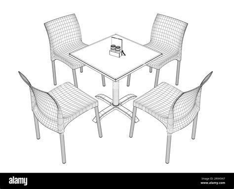 Wireframe Modern round table with chairs. Vector illustration. Hand drawn vector line art sketch ...