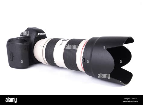 Canon 5D MARK IV DSLR camera with 70-200mm F2.8L IS II lens isolated on white background Stock ...