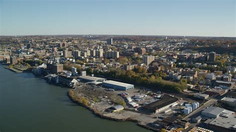 6K stock footage aerial video of the riverfront downtown area of Yonkers, New York in Autumn ...