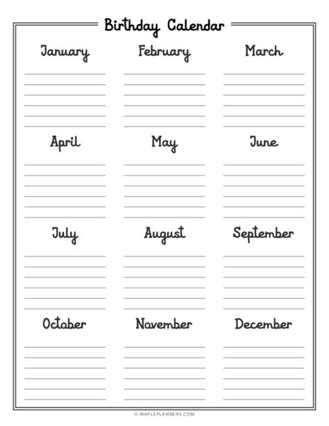 Free Printable Birthday Calendar