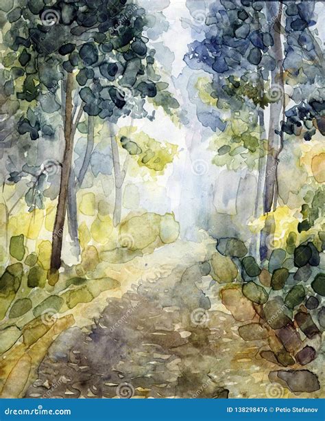 Watercolor `Forest Landscape` Stock Illustration - Illustration of water, wood: 138298476