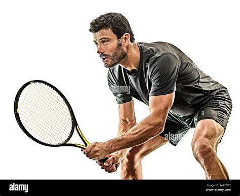 one caucasian mature tennis player man in studio isolated on white background Stock Photo - Alamy