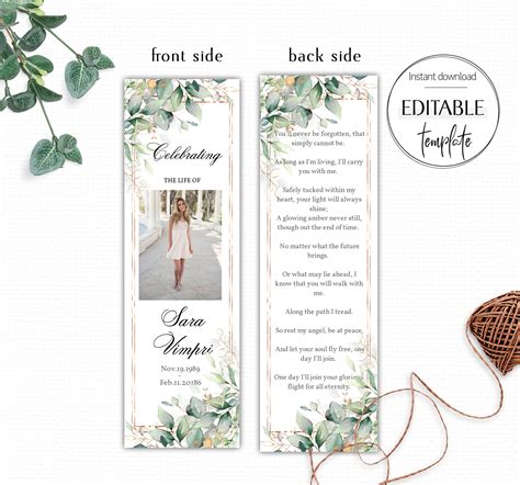 Printable Editable Funeral Bookmarks Template Free