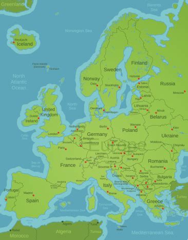 Europe Continental Map With Capitals And Labels Stock Illustration ...