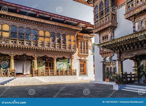 The Inner Courtyard of the Dzong in Bhutan. Traditional Bhutanese Wooden Architecture Painted in ...