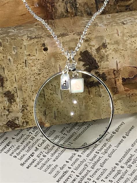 Magnifying Glass Necklace with Silver Initial and Mother of Pearl Charm, Magnifying Glass Pendant