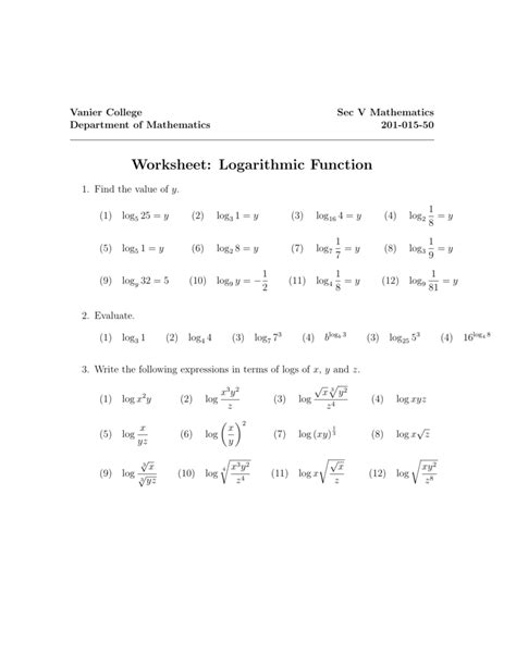 Worksheet: Logarithmic Function