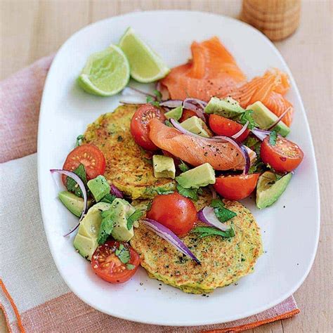 Sweet corn fritters with smoked salmon and avocado salsa - Healthy Food Guide