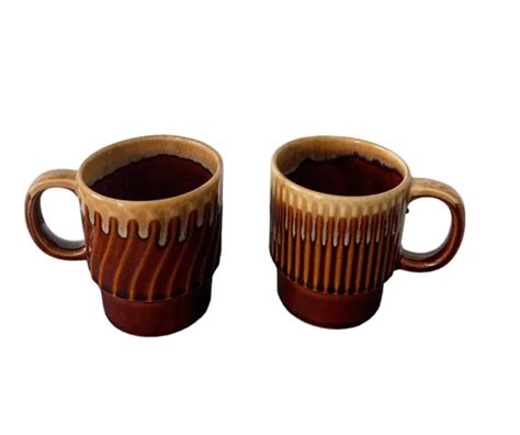 SET OF 2 MCM Stackable Coffee Mugs Brown Tan Gold Textured Drip Glaze Made Japan $16.90 - PicClick