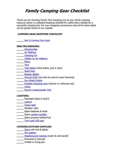 Family Camping Gear Checklist in Word and Pdf formats