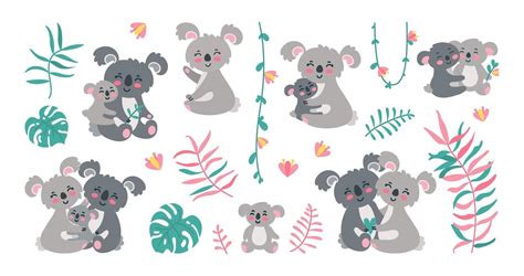 Koala family in jungles. Koala parents with babies in leaves, lianas ...