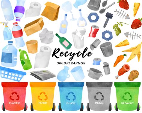 Watercolor Recycle Clipart / Recycling Trash Clipart / Recycling Guide ...