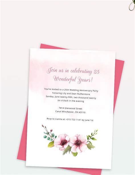 25th Wedding Anniversary Invitation Template in Pages, Publisher, Word ...